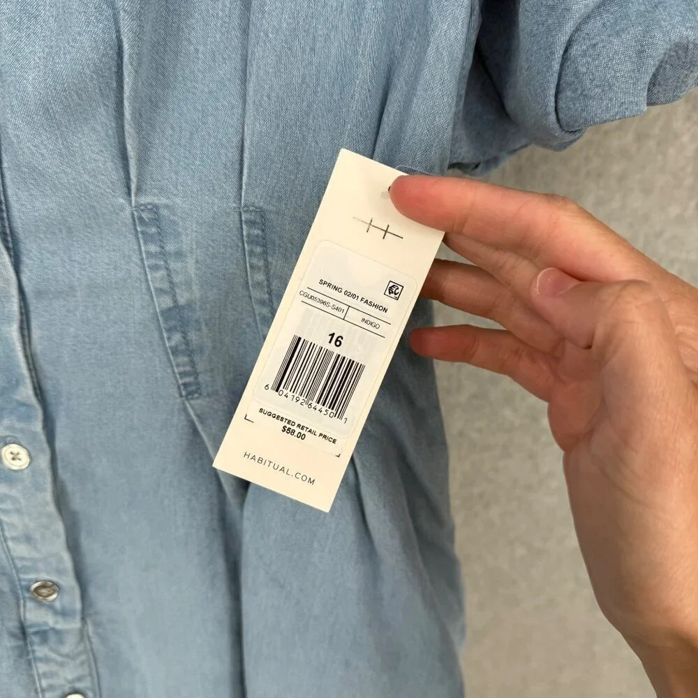 Habitual Girl Chambray Bubble Hem Dress Size 16 Button Front Puff Sleeve NEW